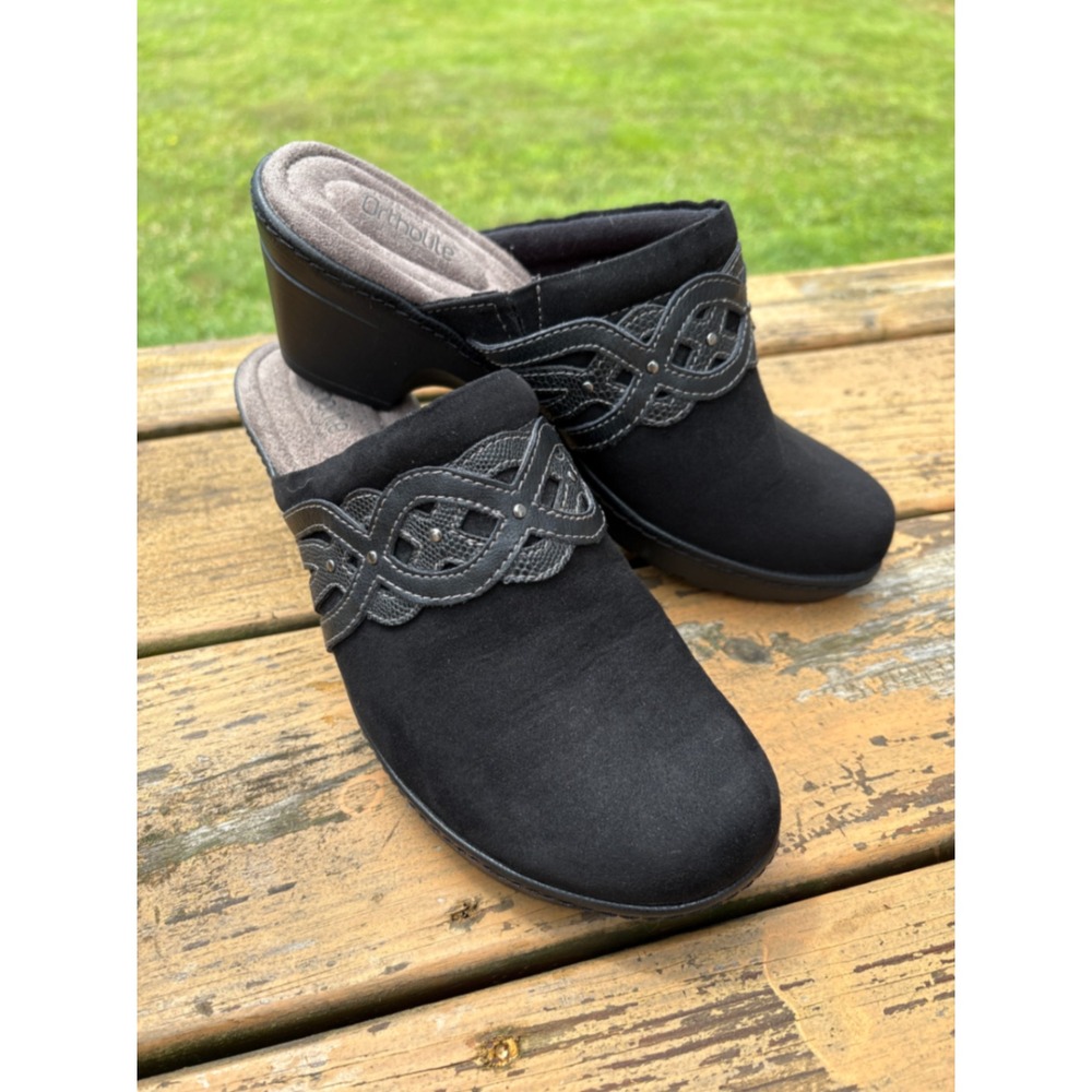 Croft & Barrow Black Ortholite Clog Mules Faux Suede Studded Lattice Heel Womens - Picture 2 of 11